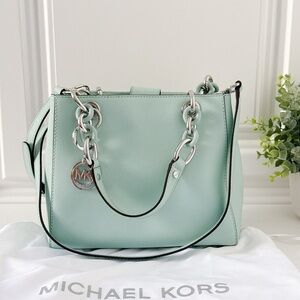 Michael Kors Mint Green Leather Shoulder Satchel with Silver Chain